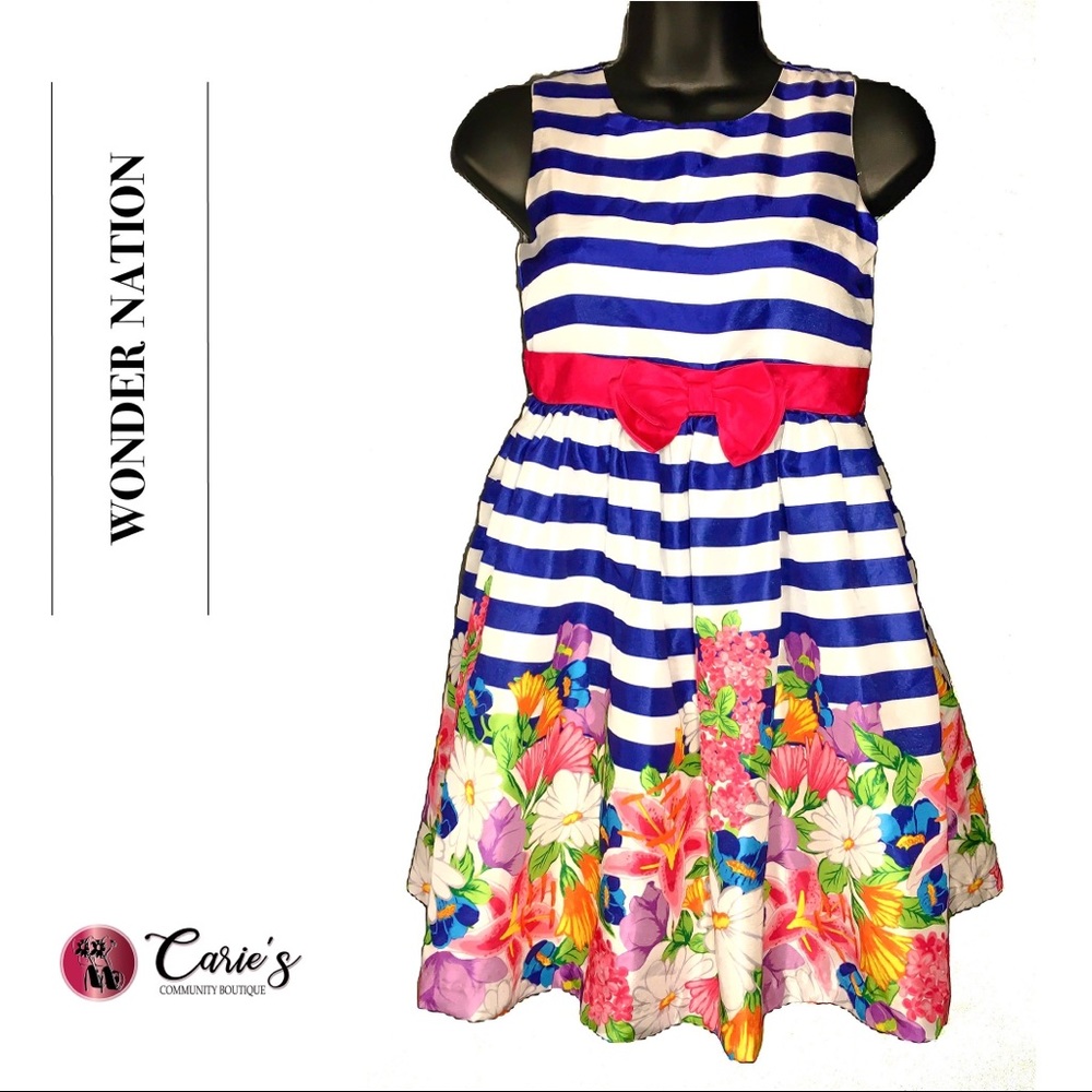 WONDER NATION Brilliant Blue Striped Floral Dress